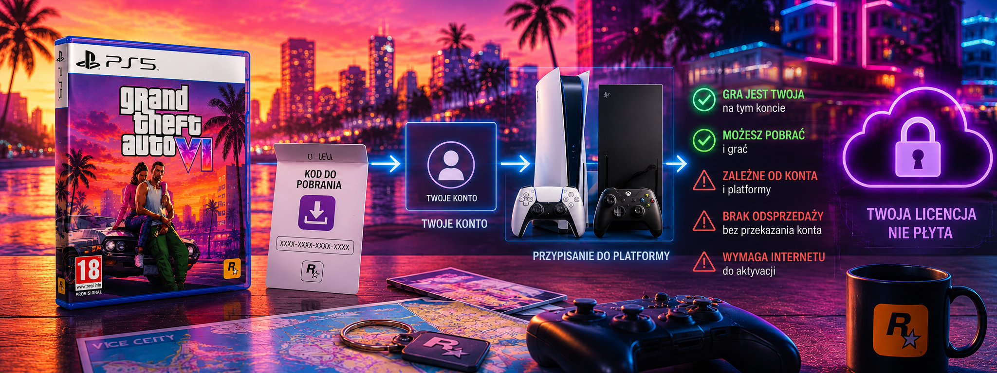 GTA 6 bez płyty – schemat code-in-box: pudełko, kod do pobrania, konto, platforma i cyfrowa licencja